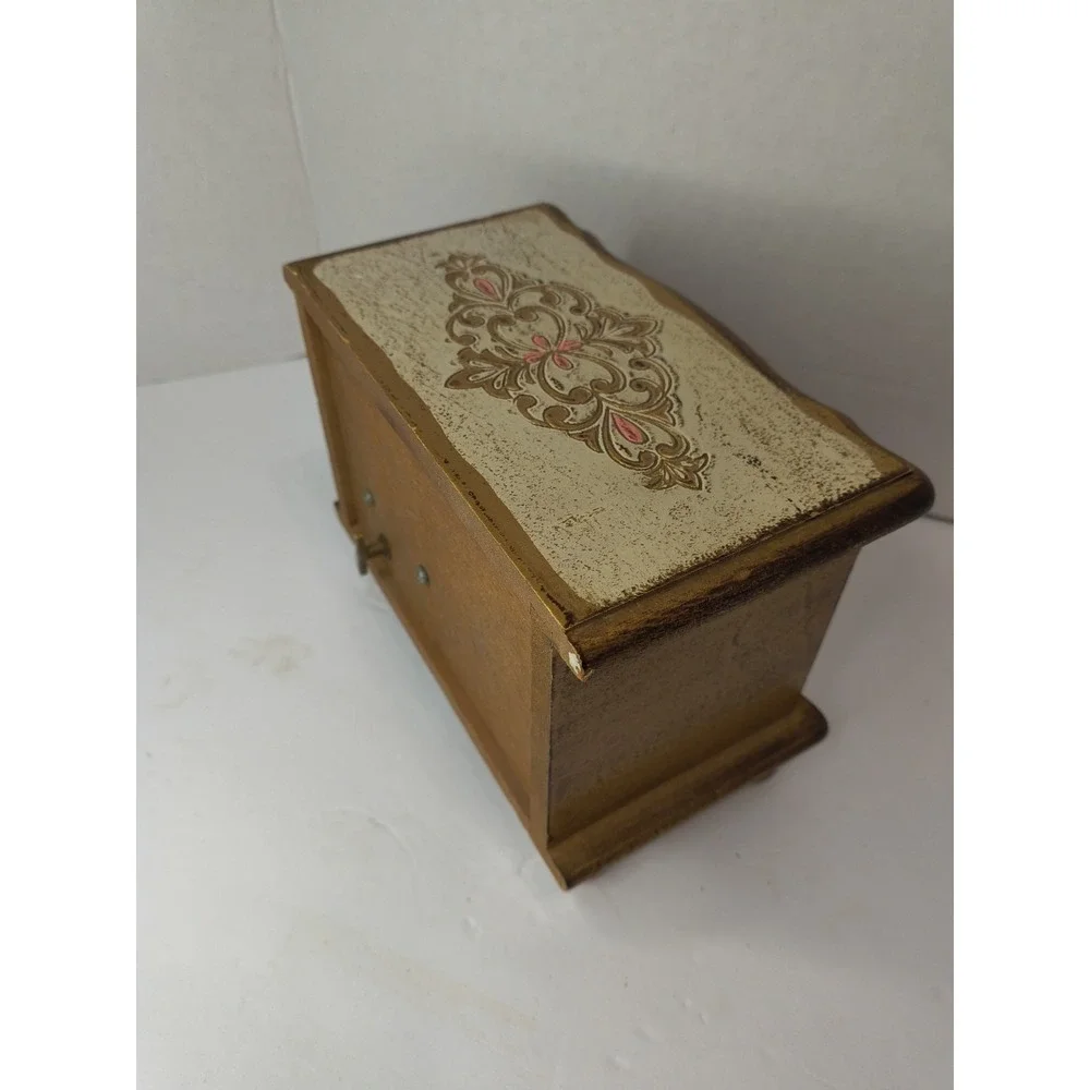 VTG 1960s Florentine Style 2-Drawer SM/LG Wood Music Jewelry Box WORKS 5.5